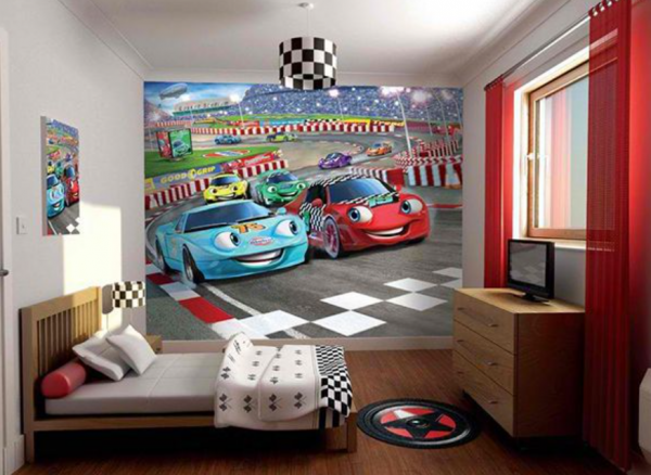 Dinding dengan tema kendaraan, seperti mobil atau sepeda motor